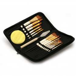 Brush Set - Round and Flat Brushes, 15 Pieces, Spatula and Sponge in a Case