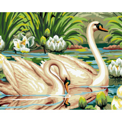 Комплект за рисуване по номера 30x40 см -Лебеди -платно с клинова подрамка и схема,бои и 3 броя четки