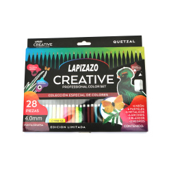 Colored Pencils Set 4 mm with Sharpener Creative - 28 Pieces: 6 Neon, 6 Pastel, 6 Metallic, 6 Multicolor, 2 White, and 2 Black