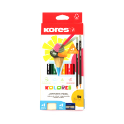 Colored Pencils Set with Eraser and Sharpener Kores - 12 Colors + 2 Graphite Pencils