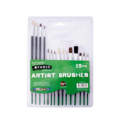 MM Studio Artist Brushes Set - 15 Brushes, Round and Flat, Made from Natural Hair