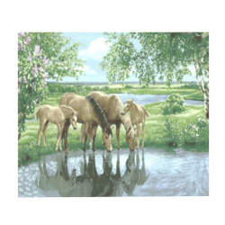 Framed DIY Diamond Painting 50x65 cm, Full Drill Embroidery, Round Crystals, Wall Decor Painting - Watering Horses YSG0081