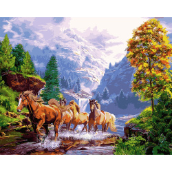 Diamond Painting 21x25 cm, Round Crystals, Partial Drill, Mosaic Craft Art - Mountain Mustangs YSA0024