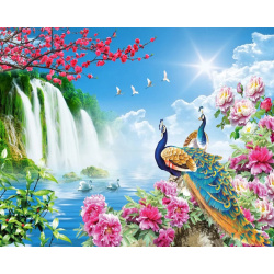 Diamond Painting 21x25 cm, Round Diamonds, Partial Drill, Home Wall Decoration - Waterfall and Peacocks YSA0035