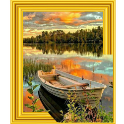 Diamond Painting 3D, 30x40 cm, Round Diamonds, Full Drill with Frame - Boat on the Golden Lake LT0499