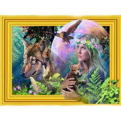 3D Diamond Painting / 30x40 cm /  Round Crystals / Full Dill with Frame - Girl and Wolf, LT0514