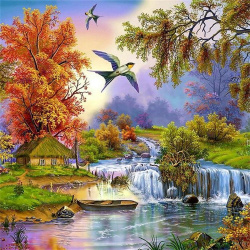 Diamond Painting Kit with Cottage and Swallows by the River, 40x50cm, Round Diamonds, Full Drill with Frame - The River Flows YSG5342
