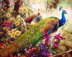 Diamond Painting 30x40 cm with Round Diamonds, Fully Adhesive with Frame - 'Colorful Peacocks' YSG0222