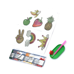 Diamond Art Kit: 2 Sheets of Stickers - Crown, Fruits, etc.,  11x22 cm 