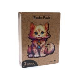 Puzzle din lemn cu pisică drăguță, în cutie, mărime M – perfect pentru copii, distracție în familie și iubitorii de puzzle-uri