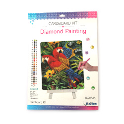 Pictură cu diamante Papagali Exotici 21x25 cm, diamante rotunde – lipire parțială, cu șevalet – perfectă pentru artă tropicală și decor creativ pentru casă JA20516