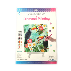 Pictură cu diamante Tucani tropicali 21x25 cm – diamante rotunde, acoperire parțială, cu șevalet – perfectă pentru artă exotică și decor colorat pentru casă, DIY JA20864
