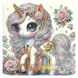 Magical Diamond Painting 20x20 cm with Round Diamonds – Partial Drill Candy Unicorn Design with Elegant Frame LT-025