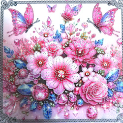 Pictură cu diamant colorat 25x25 cm cu diamante rotunde – Model parțial perforat cu fluturi, grădină, ramă elegantă YY114