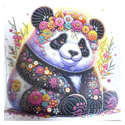 Pictură cu diamant adorabilă cu panda colorat 25x25 cm – Diamante rotunde strălucitoare, perforație parțială cu ramă decorativă – YY120