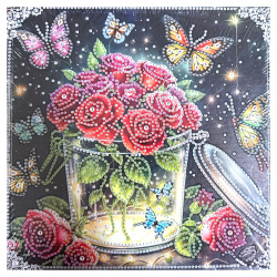 Pictură cu diamant Trandafiri romantici stacojii 25x25 cm – Diamante rotunde strălucitoare, perforație parțială cu ramă elegantă – YY80