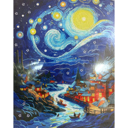 Pictură cu diamant - Noapte superbă cu lună deasupra orașului 40x50 cm - Diamante rotunde strălucitoare, broșură completă cu ramă elegantă - XQYX86284