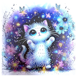 Tapiserie cu diamante 25x25 cm, diamante rotunde, lipite parțial, cu ramă - Pisicuță pufoasă YY75