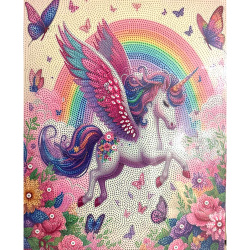 Tapiserie cu diamante 40x50 cm, diamante rotunde, înfășurare completă cu ramă - Unicorn Curcubeu XQYX86086